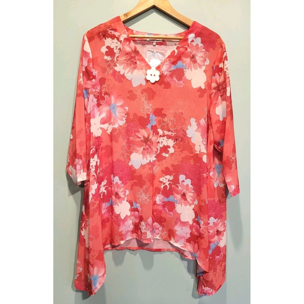 New Indigo Soul Coral Pink Floral Sheer Asymmetrical Flowy Tunic Top 2X